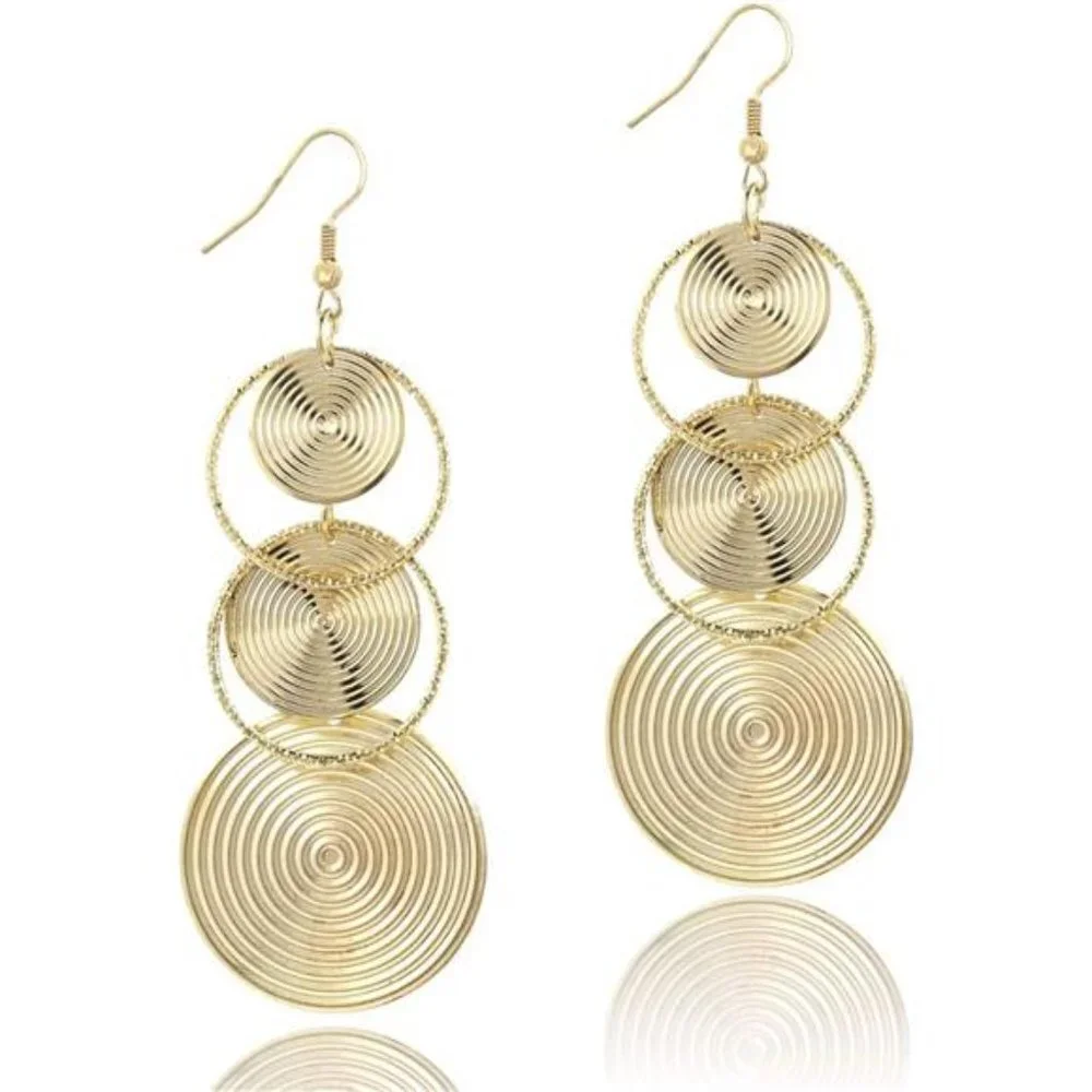 Gold Plated‎ Circle Cut Out Drop Dangle Earrings Statement Chandelier Earrings - Picture 4 of 4